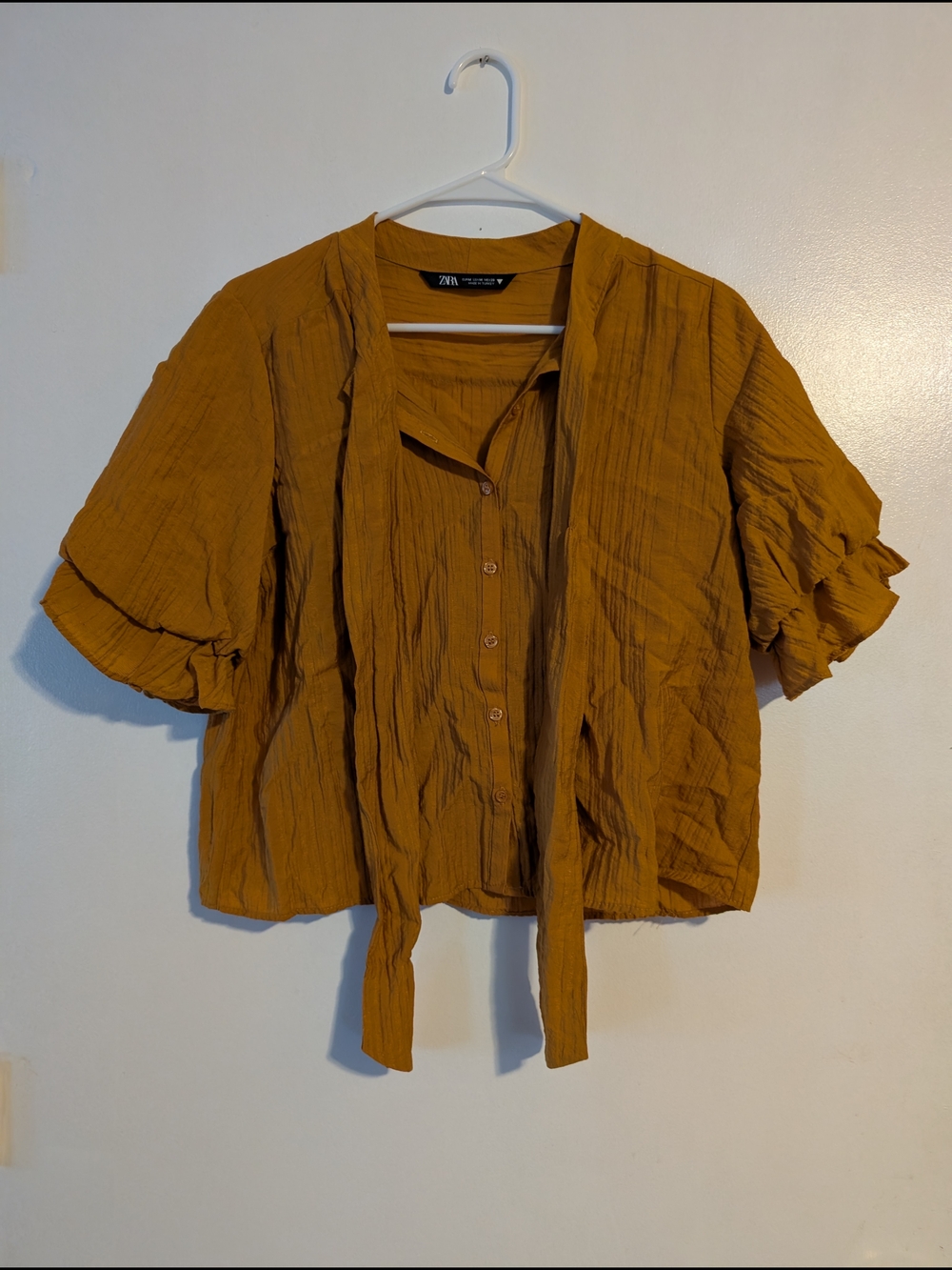 Zara Mustard Tie-Neck Short Sleeve Blouse